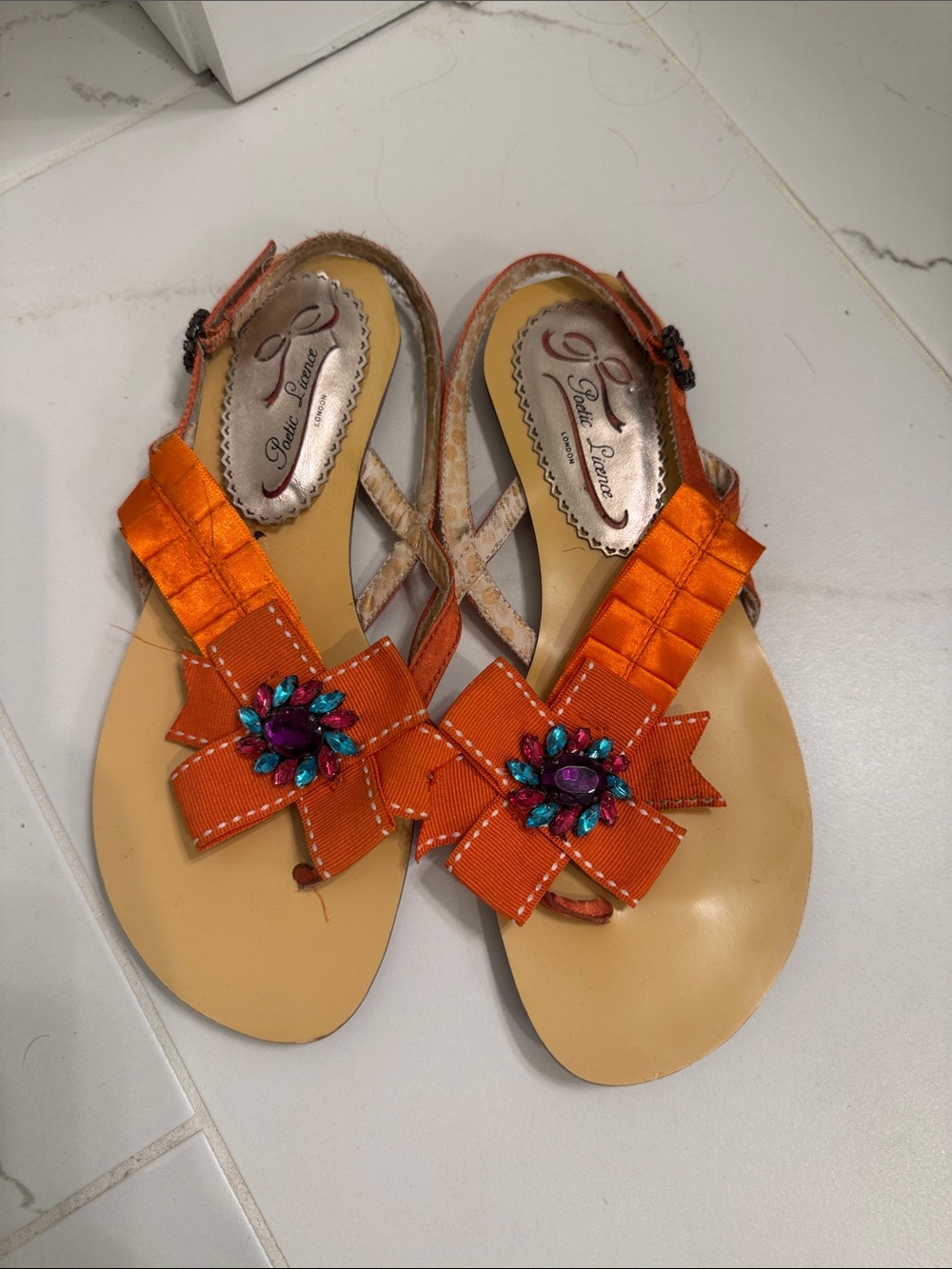 Poetic License Orange Ribbon Bow Jeweled Slingback Sandals